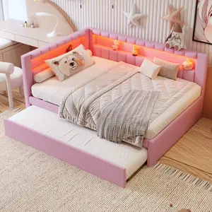 LED Platform Bed with USB Ports & Twin Trundle - 7-Color Lighting No Box Spring Needed for Bedroom