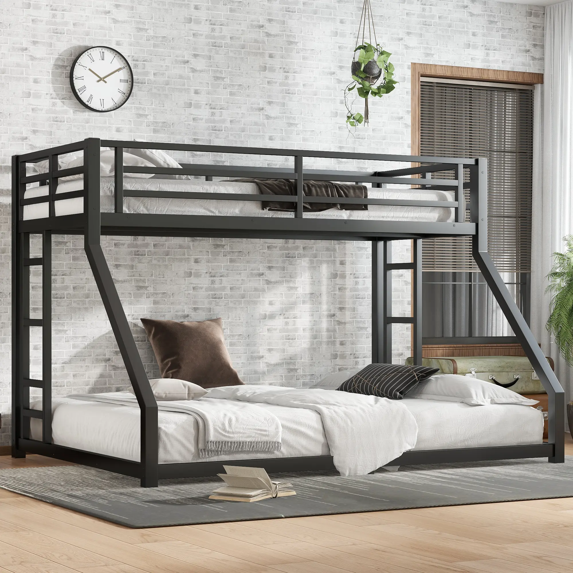 Twin XL over Queen Metal Bunk Bed, Space-Saving/Noise-Reduced/No Box Spring Needed, for Teens and Adults, Black
