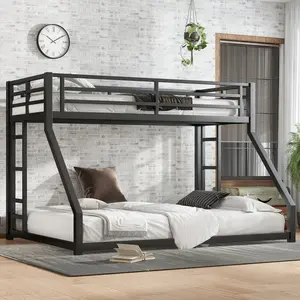 Twin XL over Queen Metal Bunk Bed, Space-Saving/Noise-Reduced/No Box Spring Needed, for Teens and Adults, Black