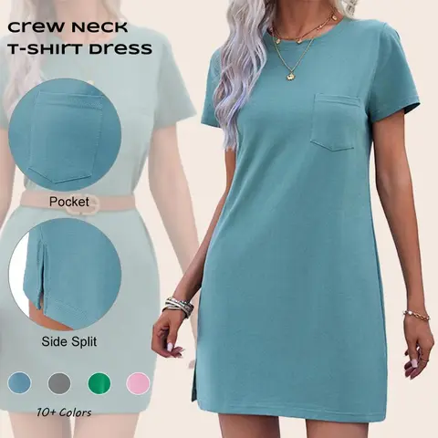 Imily Bela Women T Shirt Dress Summer Fashion Mini Dress Crew Neck Short Sleeve Dress Solid Color Casual Dress with Pocket
