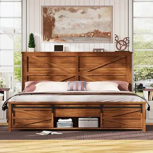 AMERLIFE 48.8" Farmhouse Wood Bed Frame with Sliding Barn Door Storage Cabinets and Headboard,Solid Wood Slats Support,No Squeak, No Box Spring Needed，Best Gift Ideas/Christmas Gifts