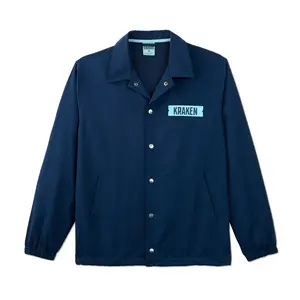 Seattle Kraken Coaches Jacket - Navy Blue Fitted Long Sleeve Casual Sports Coat with Kraken Graphic & Text for Men