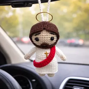 Handmade Crochet Jesus Car Hanging Ornament – Cute Amigurumi Jesus Doll, Christian Car Mirror Decor, Catholic Religious Gift for Driver