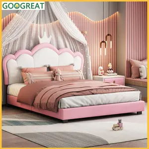 [GOOGREAT] Fashion Bed, Children'S Bed Full Size Upholstered Princess Bed With Crown Headboard,Full Size Platform Bed With Headboard And Footboard, White+Pink