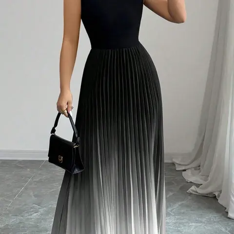 Mock Neck Sleeveless Fitted Vest Pleated Tie Dye Ombre Gradient, Stylish Women's Casual Wear, Perfect for Daily Wear, Comfortable and Trendy Design, Casual Summer Dresses