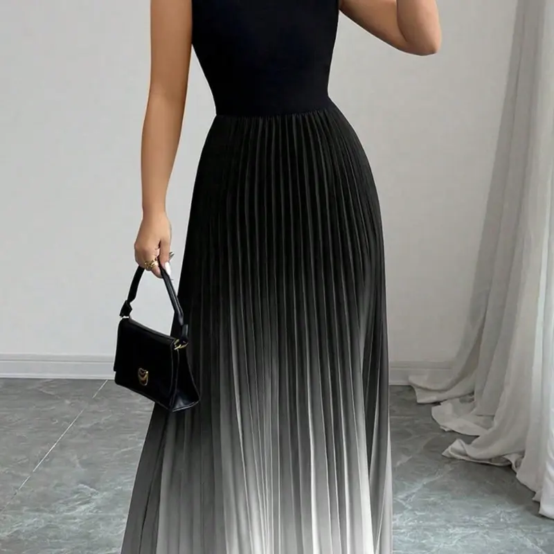 Mock Neck Sleeveless Fitted Vest Pleated Tie Dye Ombre Gradient, Stylish Women's Casual Wear, Perfect for Daily Wear, Comfortable and Trendy Design, Casual Summer Dresses