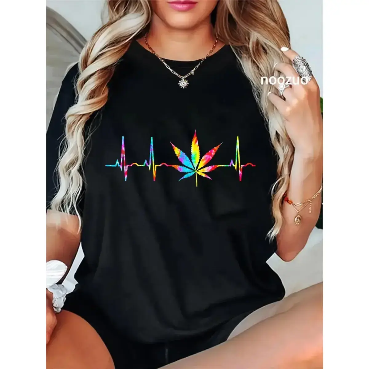 100% Cotton Unisex Weed Funny Cannabis Marijuana Leaf Heartbeat Stoner Tie Dye T-Shirt Casual Top