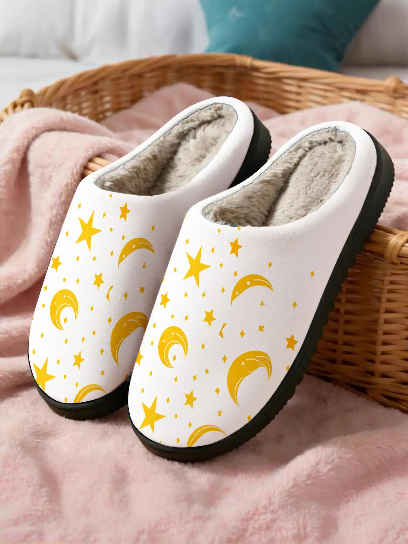 Double Pack Star and Moon Glow Dream Home Slippers, Plush Lining with Non-Slip Sole for Casual Indoor Use, Ideal for Bedroom and Living Room