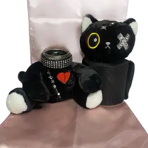 Bedazzled Gothic Cat Plush Stash jar, Animal Doll Stuffed Toy, Mason Jar 8oz