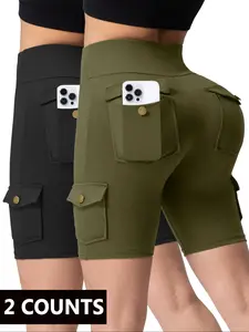 Women's Solid Color Flap Pocket Cargo Shorts, Casual Street Shorts, Casual Slim Shorts, Casual Fashion Comfy Skinny Shorts for Daily Outdoor Wear, Ladies Bottoms for Summer