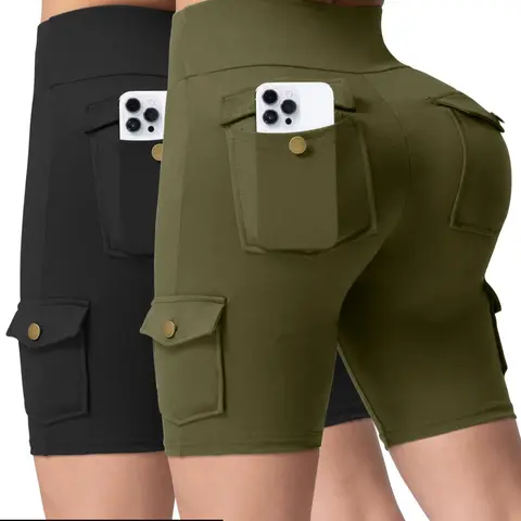 2-Pack Women's Solid Color Workwear Style Shorts with Pockets, Tight Fit High Waist, Casual Summer Outdoor Gym Shorts, Casual Fitness Shorts, Tight Fitted Shorts