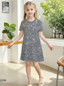 Girls' Elsa Princess Dress, Summer Short Sleeve Frozen Print A-Line Dress, Casual Fitted Asymmetrical H-Type One-Piece