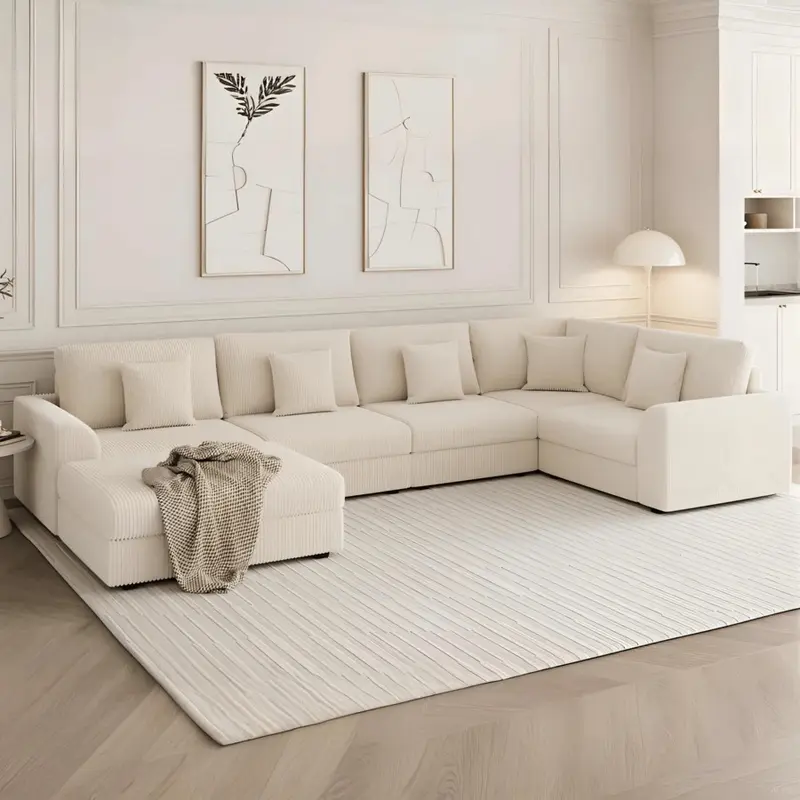 146" Oversized Corduroy Modular Sectional  - 6 Seats, Convertible Sleeper Lounge Couch With Ottoman & 5 Pillows - Comfortable Modern  For Living Room sofa Adjustable Multi-Use Activity Table console dining set tv stand coffee Floating Fireplace floor