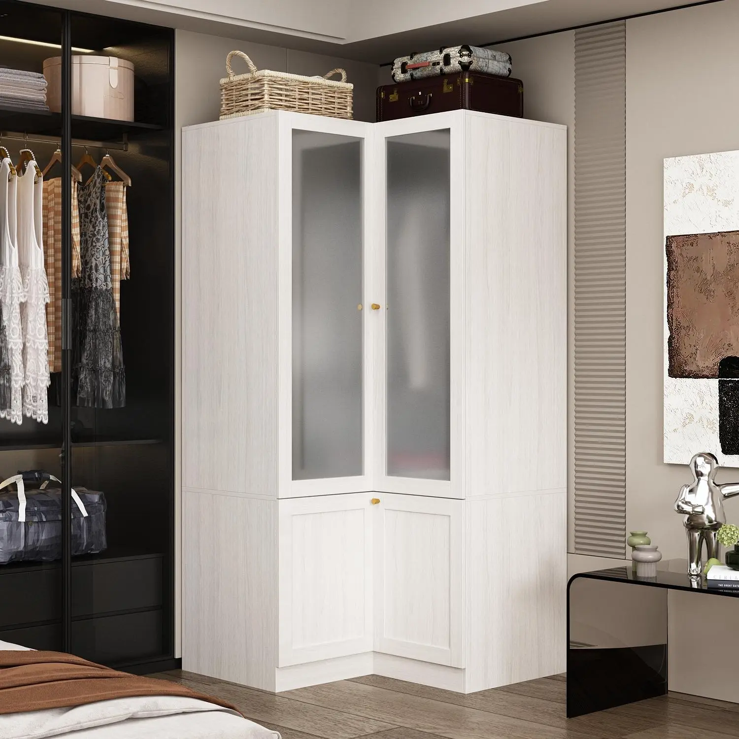 FUFU&GAGA L-Shape Wooden Freestanding Wardrobe Armoire with Frosted Glass Doors, Hanging Bar, Shelves, Wardrobe Organizer & Spacious Storage Cabinet for Bedroom