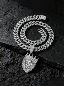 Elegant Zircon 3D lion crown Pendant Necklace, Copper Chain & Metal Coated Setting, Unisex Hip-Hop Jewelry Gift, Fashionable Jewelry Accessories, Perfect for Daily Wear & Special Occasions