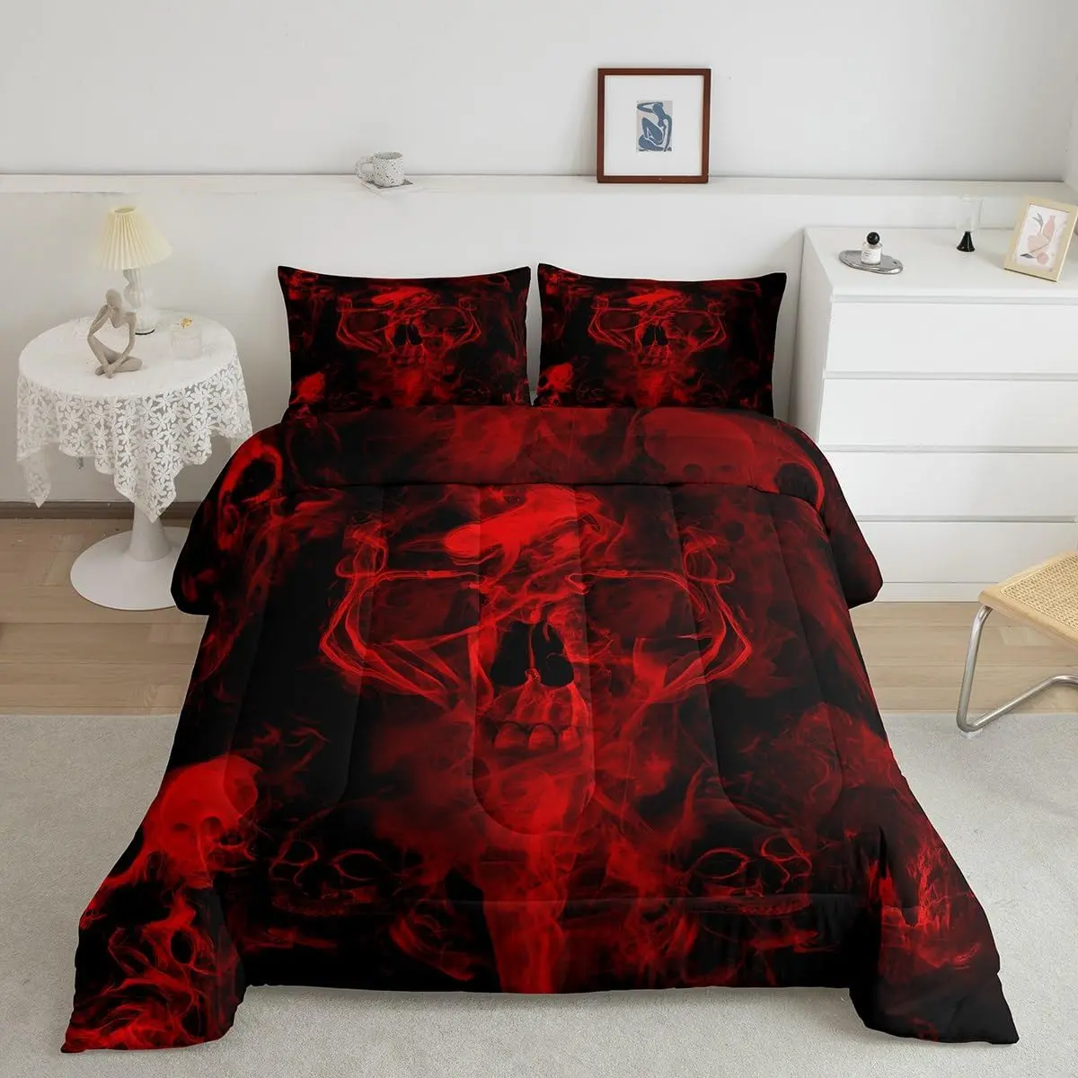 Feelyou Gothic Red and Black Skull Bedding Set - Psychedelic Aesthetic Quilted Duvet Set, Breathable Decorative Bedroom Bedding, Halloween Horror Skeleton Down Comforter, Bedroom Bedding Set