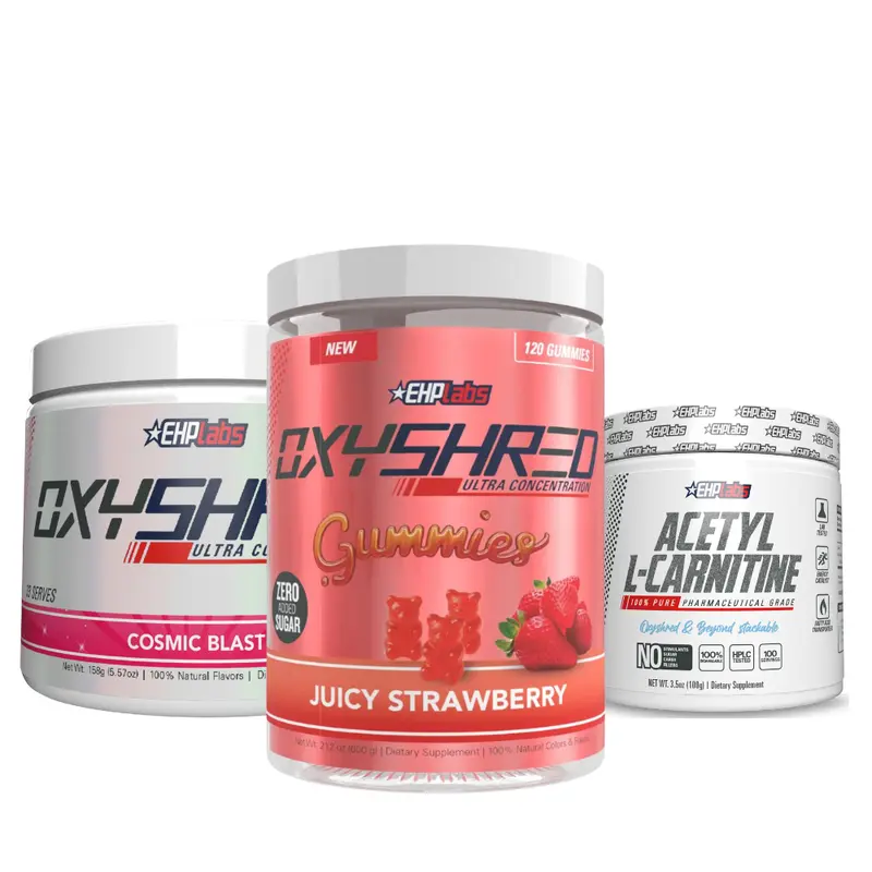 EHPlabs OxyShred Pre Workout, OxyShred Gummies and Acetyl L-Carnitine Stack | New Year New Me | Complete Energy and Metabolism Support Stack | Pre Workout Powder, Functional Gummies and Unflavoured Carnitine for Daily Performance