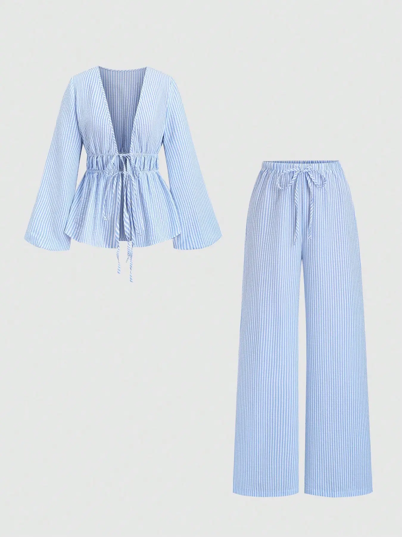 Breathable Chic Blue Striped 2-Piece Set Women's V-Neck Tie-Front Top & Wide Leg Pants 2-Piece Matching Outfit, Vacation Wear, Summer Outfit, All-Season, Casual Daily Wear, Womenswear, Clothes