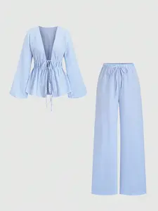 Breathable Chic Blue Striped 2-Piece Set Women's V-Neck Tie-Front Top & Wide Leg Pants 2-Piece Matching Outfit, Vacation Wear, Summer Outfit, All-Season, Casual Daily Wear, Womenswear