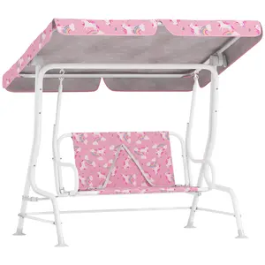 2-Seater Porch Swing – Pink. For Ages 3-6. Adjustable & Removable Canopy + Safety Belts. Unicorn & Rainbow Pattern. Steel Frame + Non-Slip Feet. 132 lbs Cap
