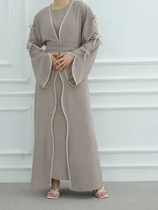Women's Contrast Binding Bow Decor Belted Abaya, Modest Casual Long Sleeve Open Front Abaya for Daily Wear, Ladies Islamic Clothing for All Seasons, Abayas For Eid, Modesty Muslim Clothing