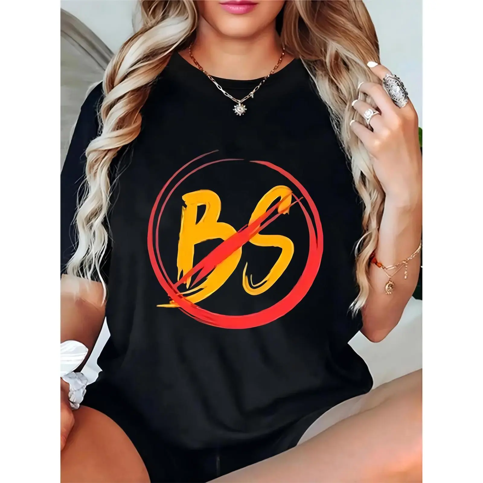 Women's 100% Cotton Short-Sleeve Crew Neck Graphic T-Shirt Top - Black, Bold Yellow 'BS' & Red Slash/Circle Print, Lightweight, Relaxed Fit, Loose-Fitting, Comfortable, Machine Washable, Casual Statement Tee for Daily Wear & Work