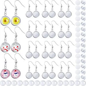 30 Pieces Sublimation Blanks Earrings for Valentine's Day Earrings Wire Hooks Blanks 12 mm Cabochon Settings Bezel Trays with Glass Domes Heat Transfer Aluminum Sheet for Valentine's Day