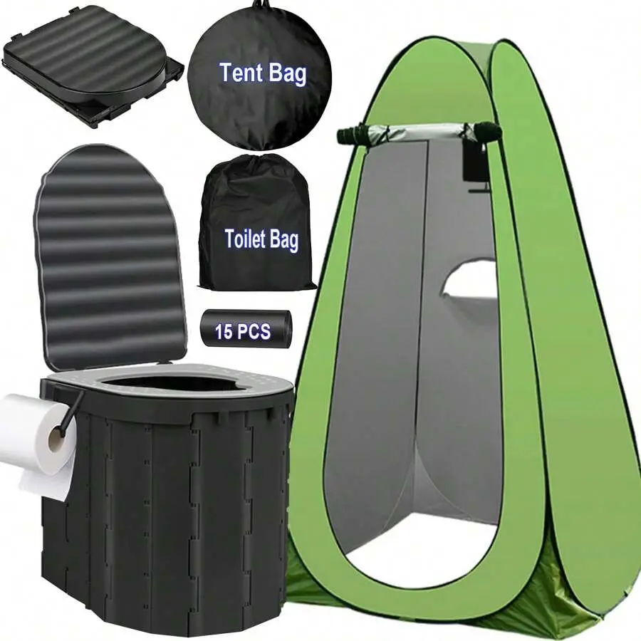 Foldable Camping Toilet Set With Privacy Tent,