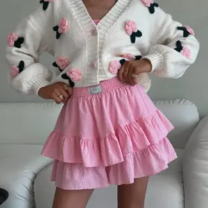 Woman's Soft Knit Cardigan 3D Rose Embroidery Lantern Sleeve Pink Ruffle Skirt Set Sweet Girl Outfit Y2K Cute Casual Spring Autumn Outfit