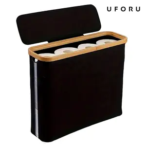 UFORU Large-capacity foldable toilet paper holder with lid, a space-saving bathroom storage solution, Bathroom organizer, no assembly required, durable wooden frame and grey fabric surface, Bathroom supplies#SummerWins#DFYD