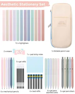 Gift - worthy pen set, SKYDUE College Essentials Stationary Set – 44-Piece Cute Aesthetic School Supplies with Pen Case, Highlighters, Gel Pens, Mechanical Pencils, Erasers, Sticky Note Blue