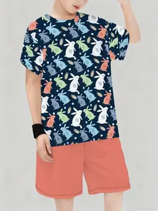 Easter Rabbit Print Boys' Short Sleeve Shorts Set, Summer Casual Fashion Tee, Round Neck, Loose-Fitting, Perfect for Holidays and Birthdays