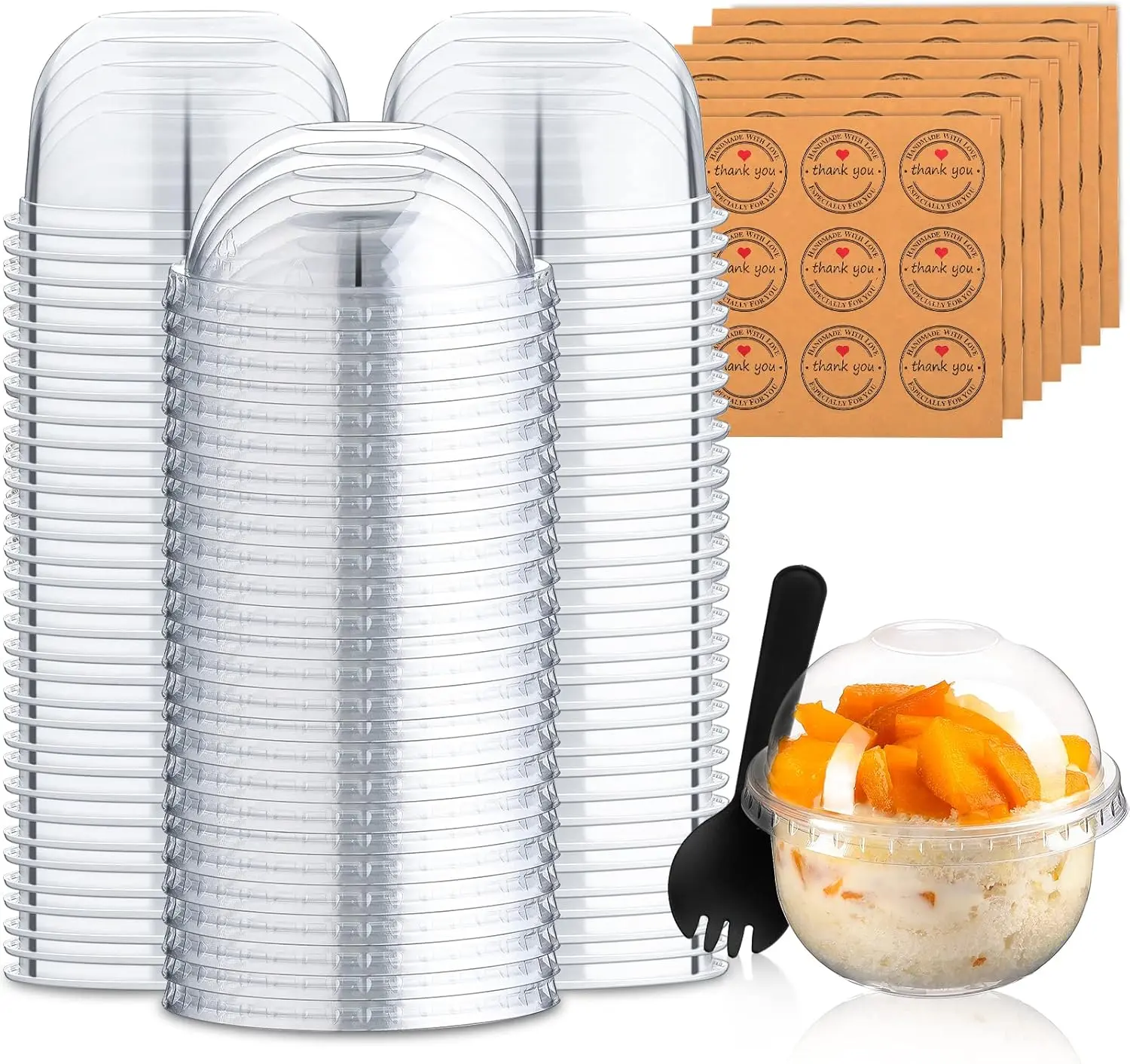 50 Packs Dessert Cups with Dome Lids, Disposable Plastic Cups with 50Pcs Sporks and 3 Sheets Stickers for Plastic Fruit, Cake and Mini Snack Bowls(9 oz,Simple Cup)