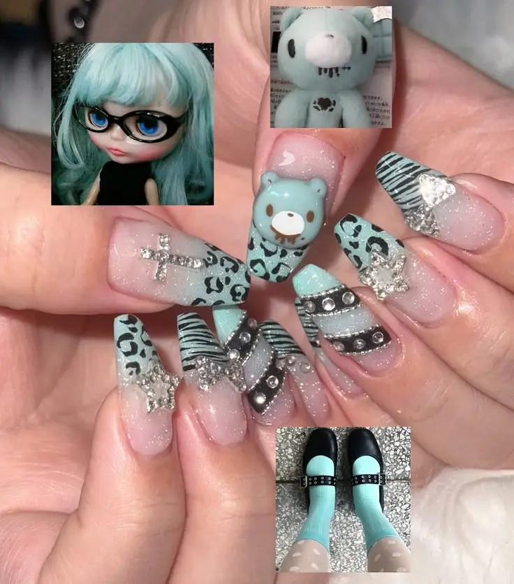 Mint Green Gyaru Y2K Press On Nails, Glitter Leopard Zebra Fake Nails with 3D Bear Charms, Rhinestone Bows, Cross & Star Details | FREE Adhesive Tabs FREE Nail File FREE Cuticle Stick
