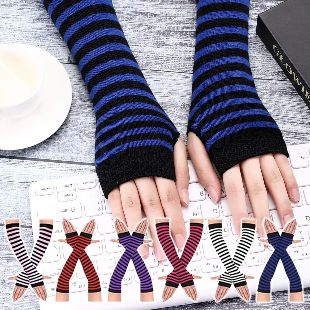 Women's 6 Pairs Striped Knit Fingerless Touch Screen Arm Warmers with Thumb Hole, Stretchy Polyester Fits Casual Outdoor Clothes, Winter Fashion Gloves, Touch Screen Gloves, 6Pairs, Breathable, Female, Indoor Activities, Fingerless Gloves
