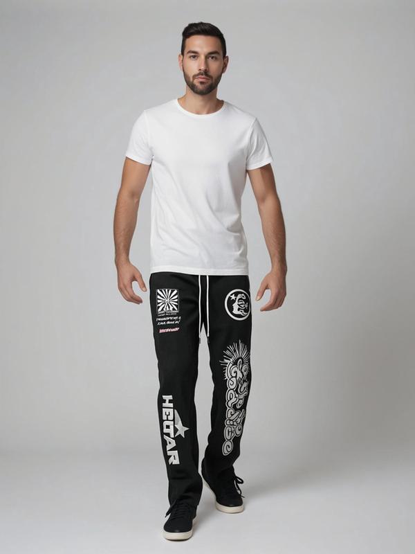 Men's Street Trendy Graffiti Hip Hop Long Pants Unique Design Comfortable Fit Black Color Versatile Casual Unisex Couple Style