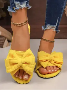 Women's Cute Bow Decor Slip-On Flat Sandals, Charming Bow Fashion Sweet Style Indoor Casual Versatile Beach Vacation Lightweight Large Size Shoes