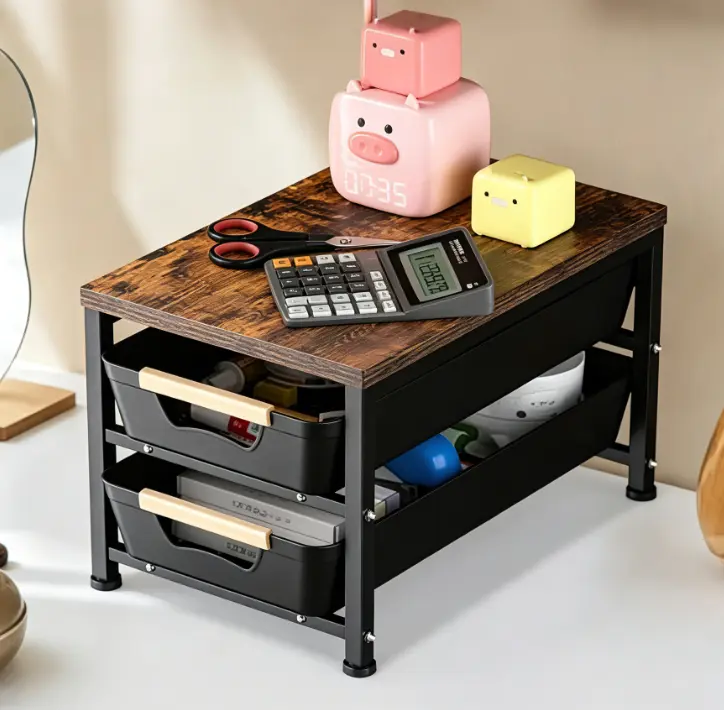 Stylish Compact Wood Desk Organizer - Medium White Home Office Desktop Storage Rack with Drawer, Pull-Out Baskets, Easy to Use (14.96in D x 9.45in W x 11.02in H)