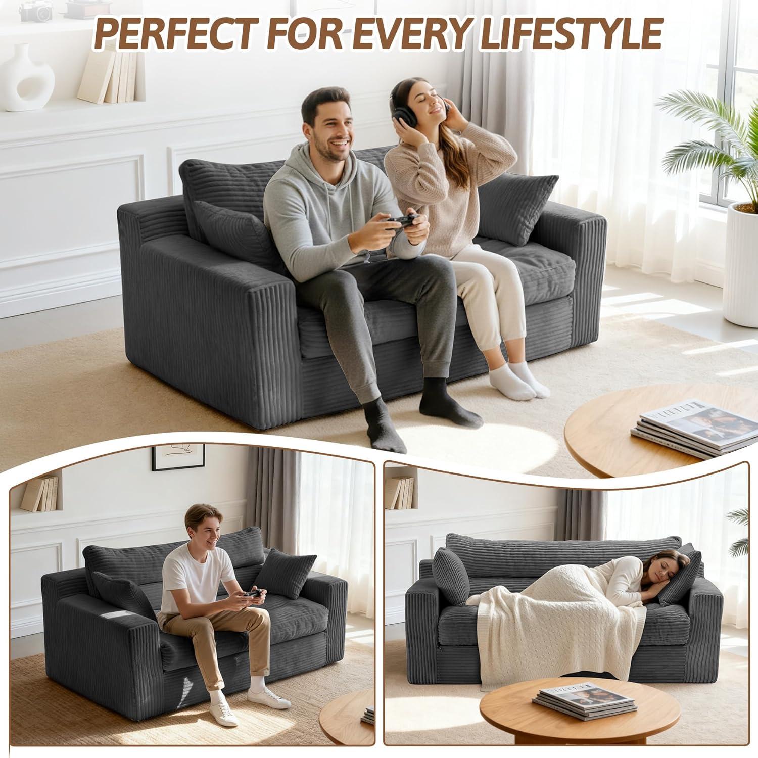 Winzoo Convertible Sofa Bed, Pull Out Boneless Couch Loveseat Floor Sofa Bed with Pillows, 2-Seater Folding Sofa Loveseat Boneless Couch for Living Room, Bedroom, Apartment, Office(Grey)