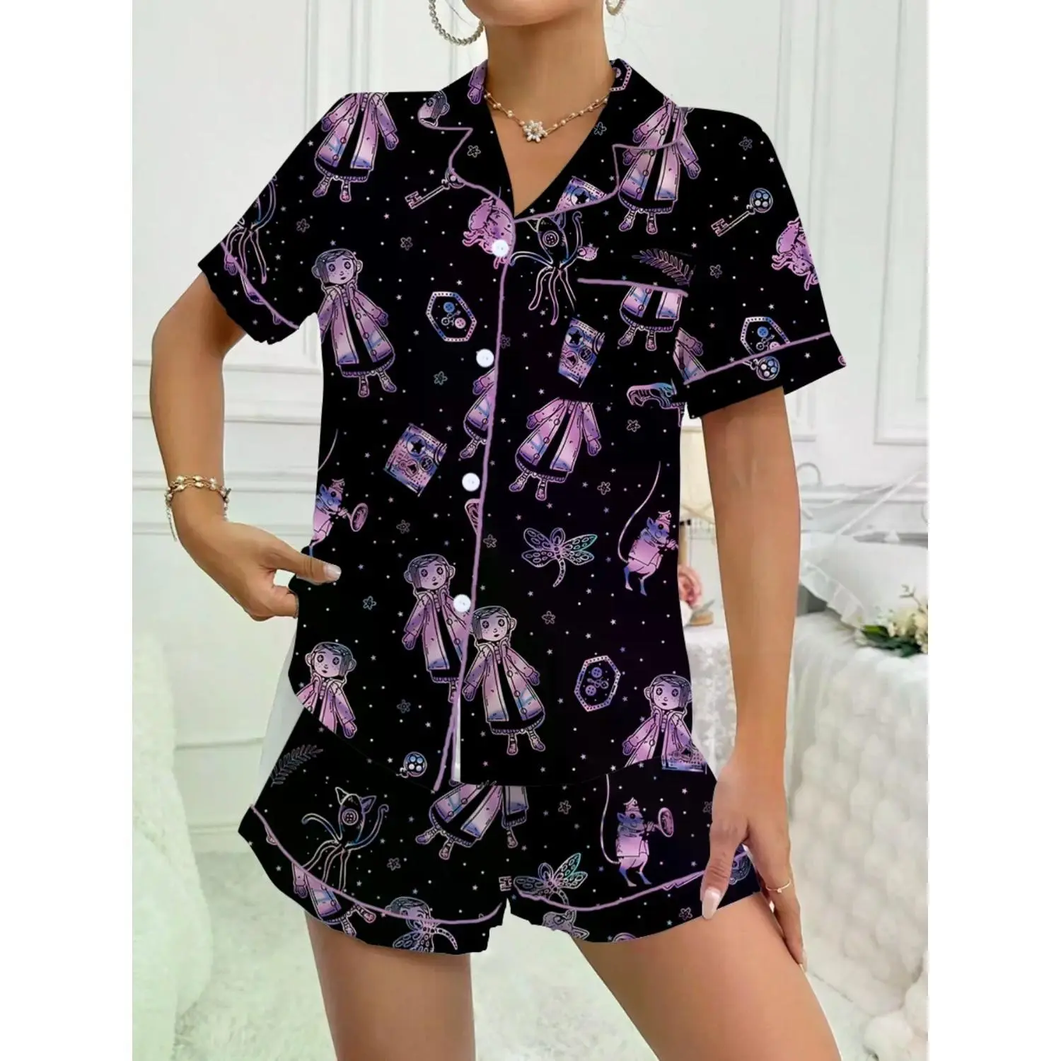 Girl Print Collared Shirt and Pajama Set, Two-Piece Matching Sleepwear, Casual Fitted Halloween Design, All-Season Loungewear