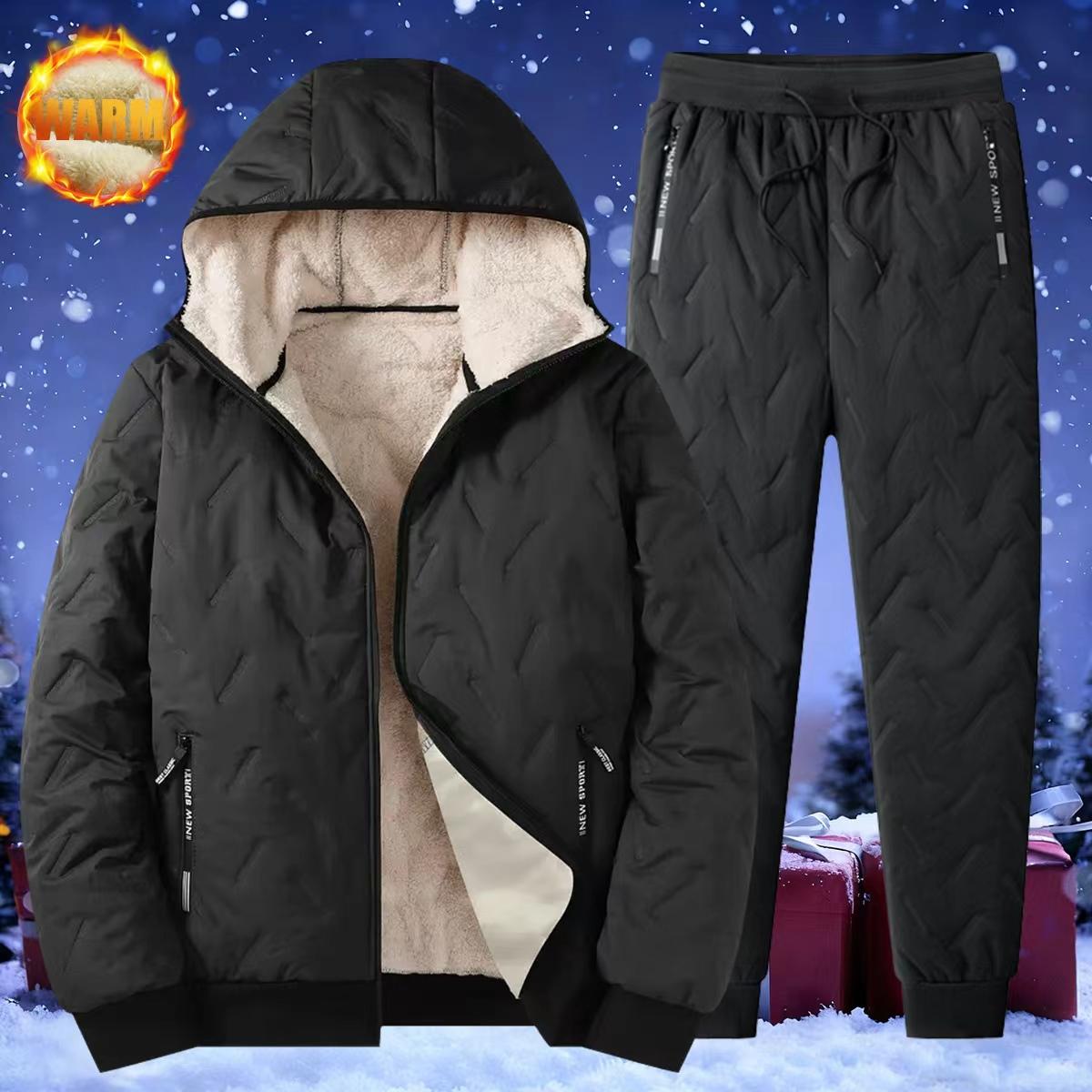 Men's Solid Color Zipper Warm Jacket and Drawstring Waist Pants Two-Piece Set, Regular Casual Long Sleeve Hooded Jacket with Pocket and Pants, Suitable for Autumn and Winter Seasons, Men's Daily Wear thick comfort