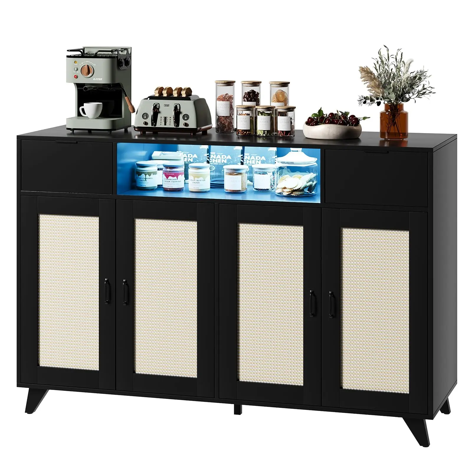 Garvee Rattan Sideboard Buffet Cabinet with 2 Drawers and 4 Doors – Storage Sideboard with Power Outlet and Adjustable Shelves for Living Room, Dining Room, Hallway and Kitchen, Black