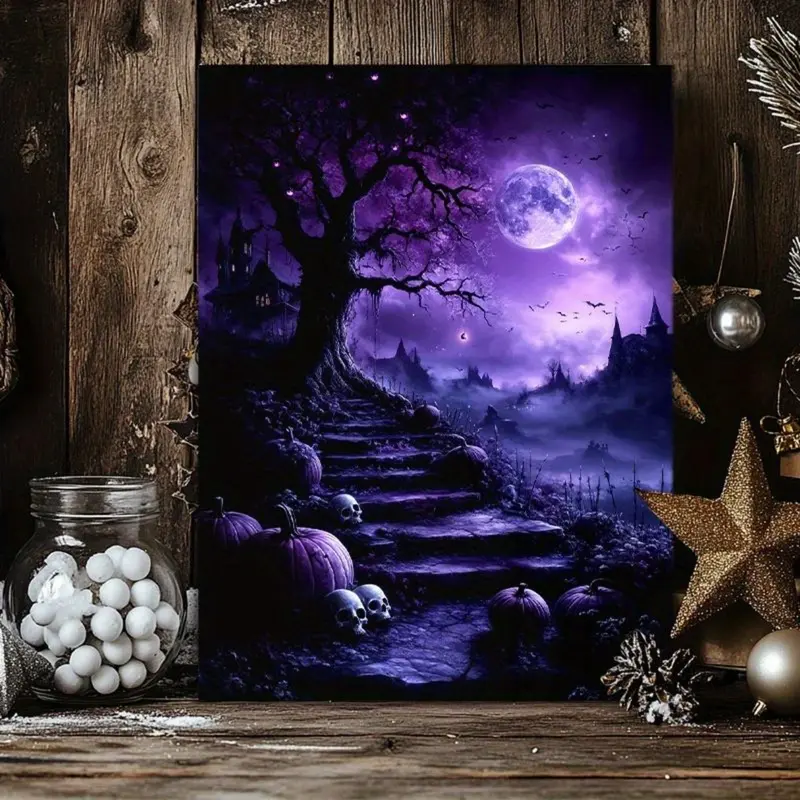 Frameless Gothic Tree and Moon Halloween Canvas Art Poster, Black Purple Sky , Exquisite Decorative Mural for Living Room, Bedroom, Corridor, Office - Ideal Gift for Friends Ornaments Decoration Wall Artistic