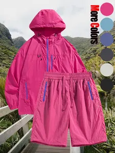 Two-Piece Set Men's Solid Zip Up Hooded Jacket & Drawstring Waist Shorts, Streetwear Tracksuit Set, Casual Breathable Quick Drying Outdoor Set for Summer, Fashion Men's Two-piece for Daily Wear