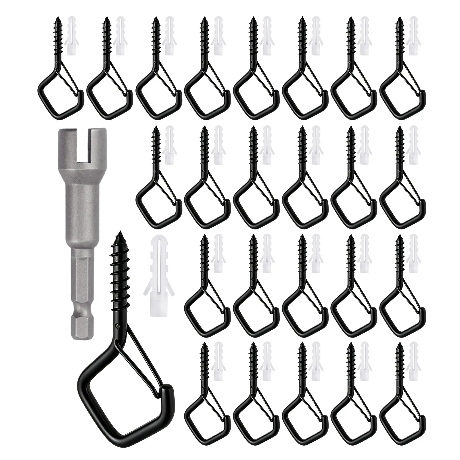 20 Pcs Outdoor Diamond-shaped Hooks, Metal Hooks, Black with Safety Buckle & Screw Hook & Square Hook, Wall Hanging Fastener Wall Mounted Hook Plant Hanger Hook for String Lights, Hanging Plants, Wind Chimes, Bird Feeder, Lanterns