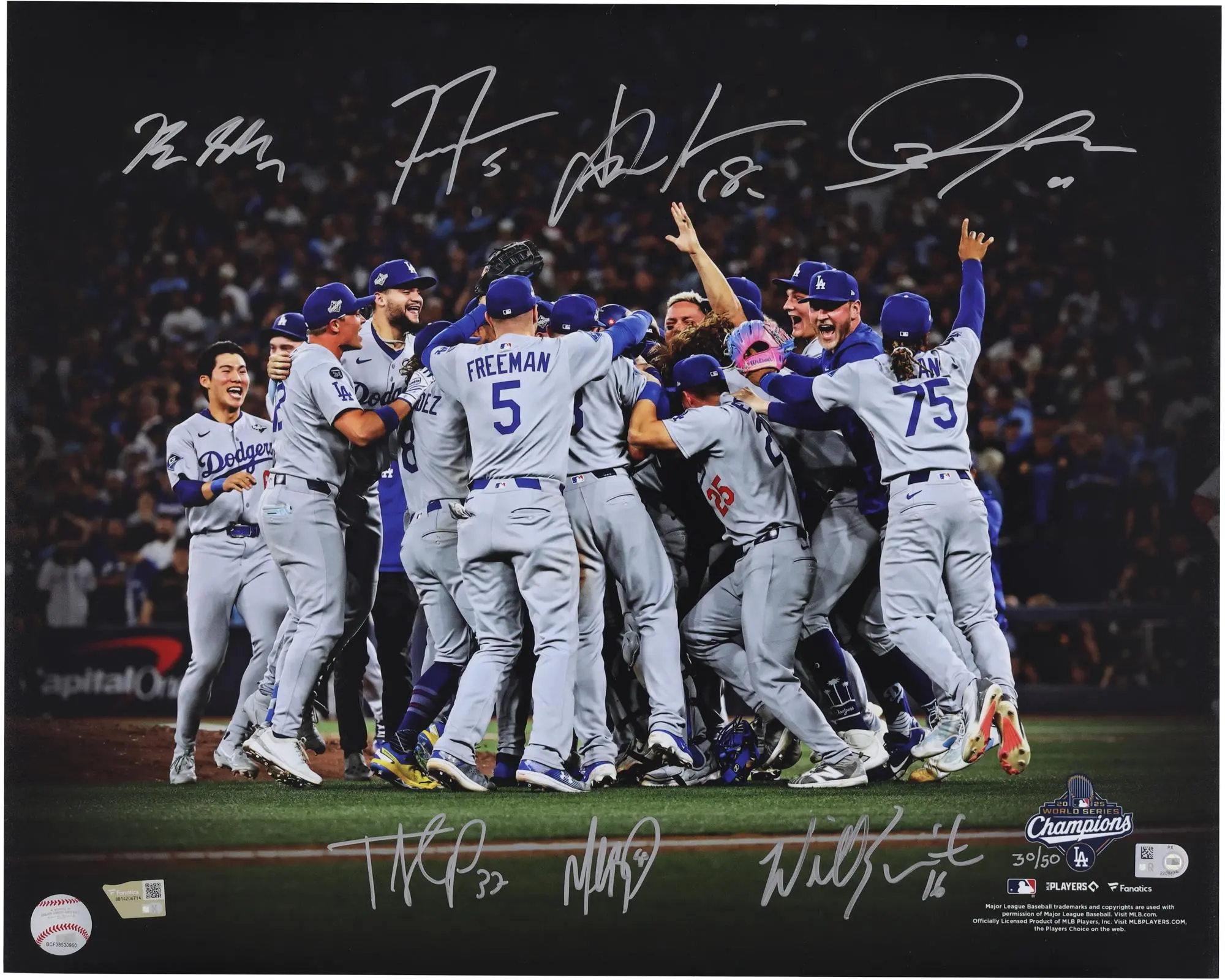 Los Angeles Dodgers 2025 World Series Champions Autographed 16" x 20" Celebration Photograph with 7 Signatures - Limited Edition of 50 - Fanatics Authentic Certified
