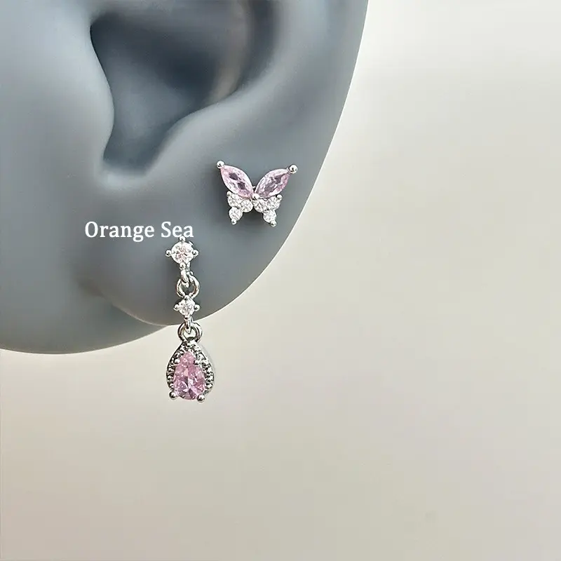 Titanium Alloy Piercing Earrings for Women, Pink Crystal Butterfly & Teardrop Dangle Stud Earrings, Hypoallergenic Medical‑Grade Titanium Steel Ear Jewelry, Sparkling Cubic Zirconia Ear Piercing Ornaments