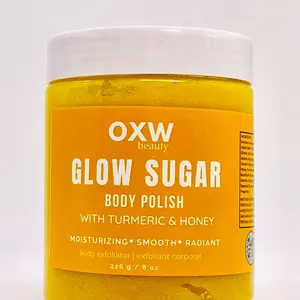 Glow Sugar Body Polish with Honey, Turmeric, Jojoba, Grape Seed Oil & Sea Buckthorn Oil - Natural, Brightening, Gentle Exfoliant, Skin Repair