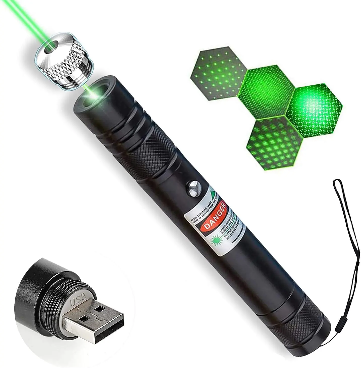 Rechargeable Green Laser Pointer with USB Charging, Star Cap & Adjustable Focus, Handheld Pointer for Presentation, Outdoor Pointing & Pet Interactive Play