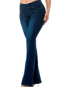 Women's Cotton Dark Wash Pull On Denim Flare Jeans Wide Leg Tummy Control Fitted Flared Hem Elastic Waistband Casual Boho Street Style Bottom Comfort
